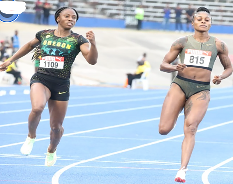 Olympic Champion Elaine Thompson right and teammate Kemba Nelson at Jamaica 2022 Athletic trials