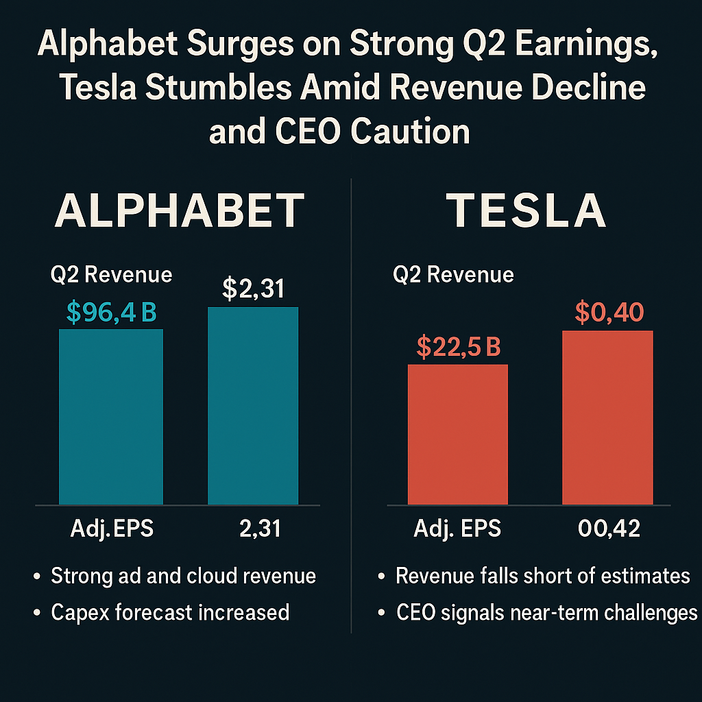Alphabet (Google) outperformed Q2 forecasts with robust ad and cloud revenue, while Tesla missed expectations, reporting a revenue drop and issuing cautious guidance.